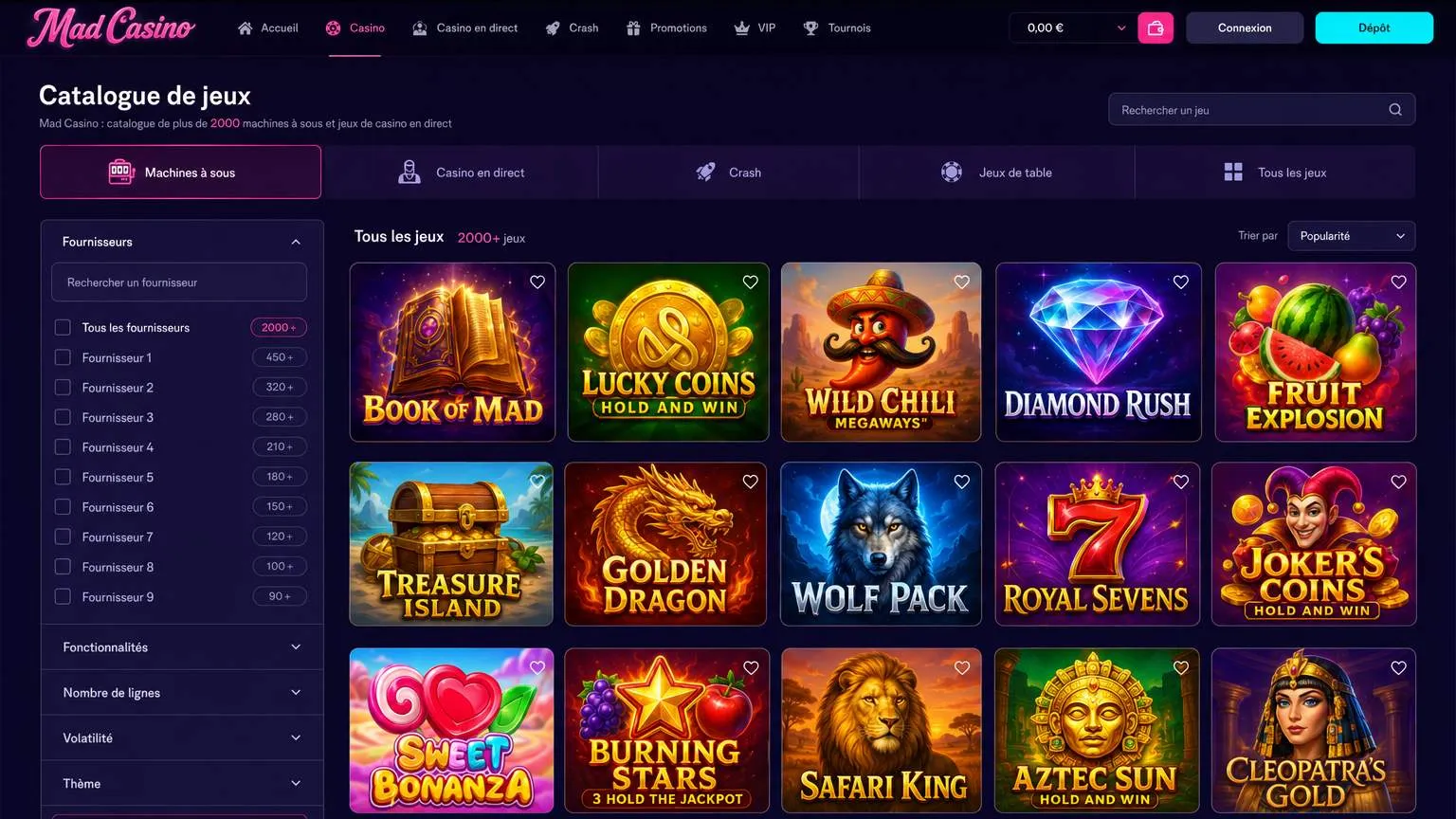 Jeux disponibles sur Mad Casino Casino
